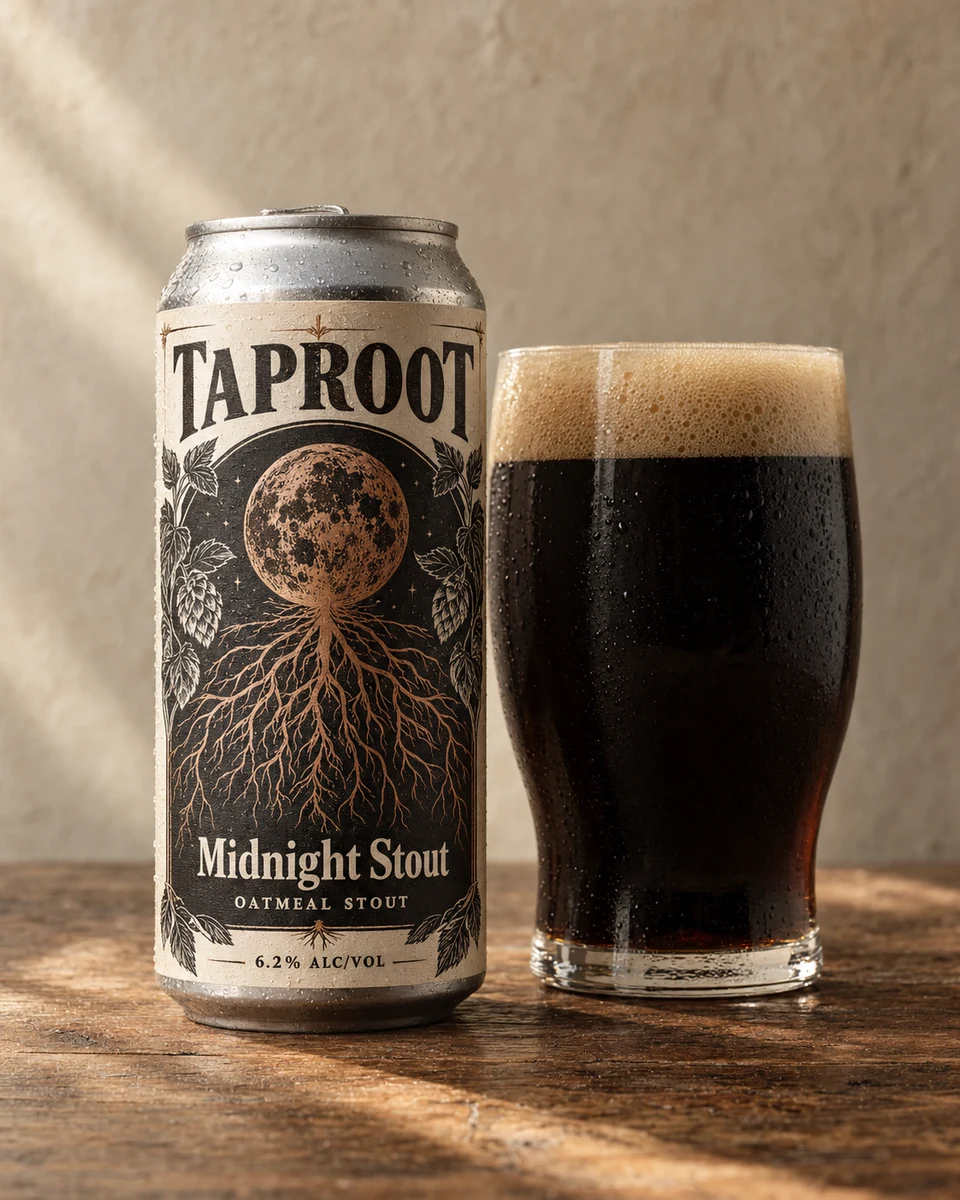 Midnight Stout — labeled TAPROOT can and a freshly poured Oatmeal Stout