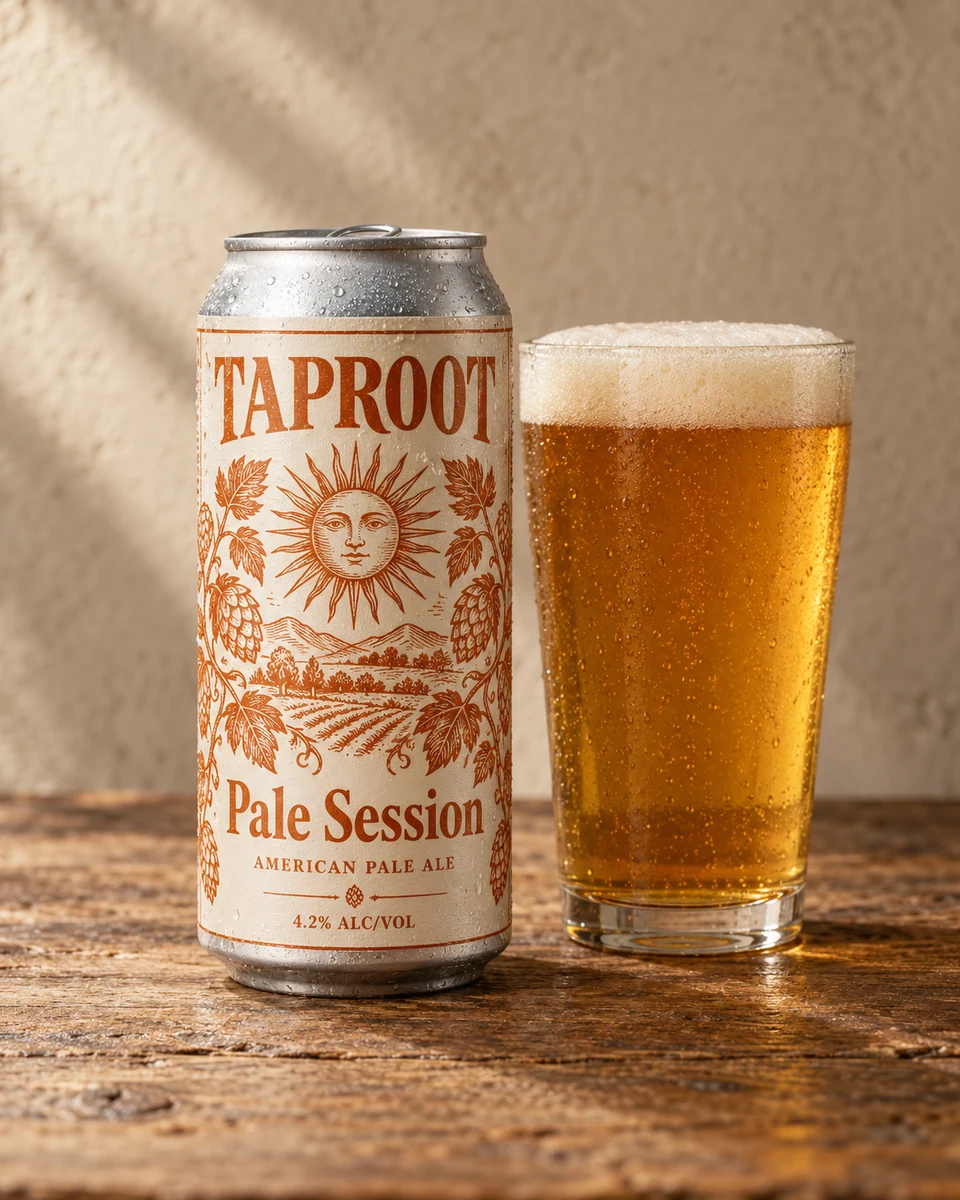 Pale Session — labeled TAPROOT can and a freshly poured American Pale Ale