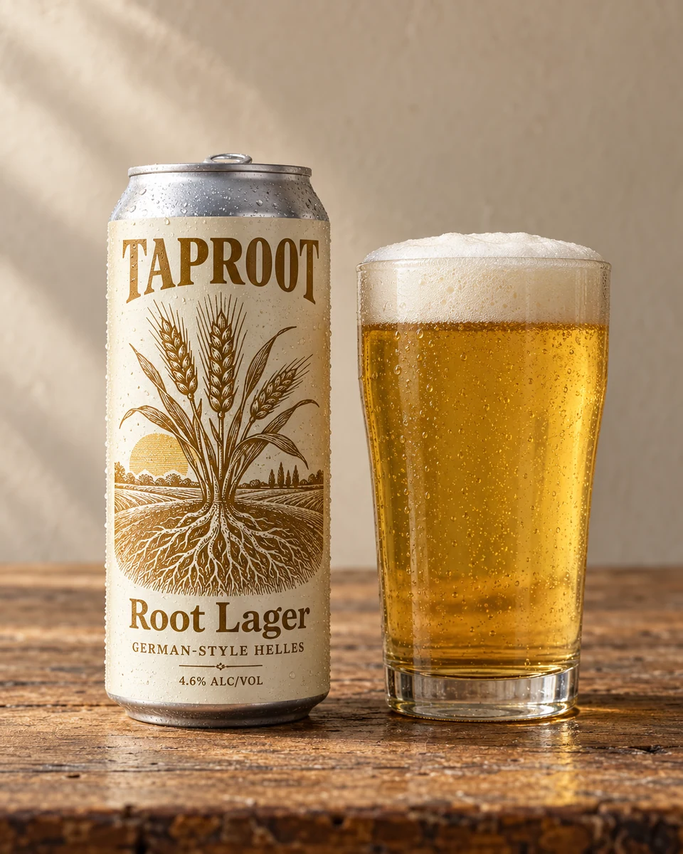 Root Lager — labeled TAPROOT can and a freshly poured German-Style Helles