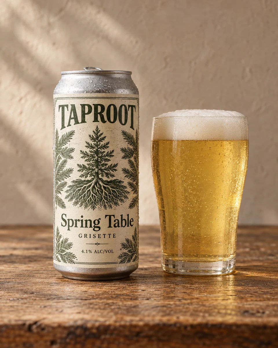 Spring Table — labeled TAPROOT can and a freshly poured Grisette