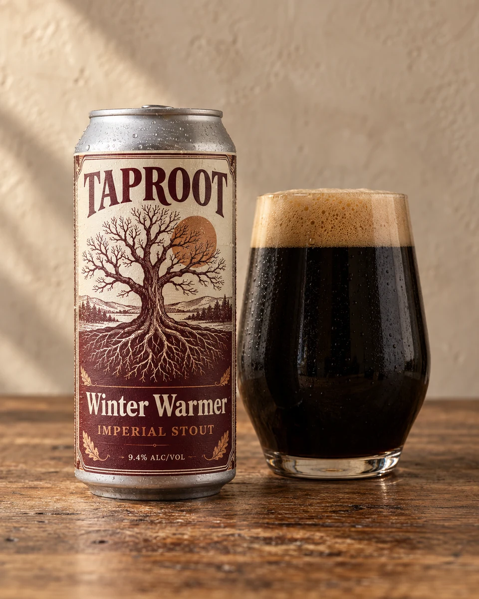 Winter Warmer — labeled TAPROOT can and a freshly poured Imperial Stout