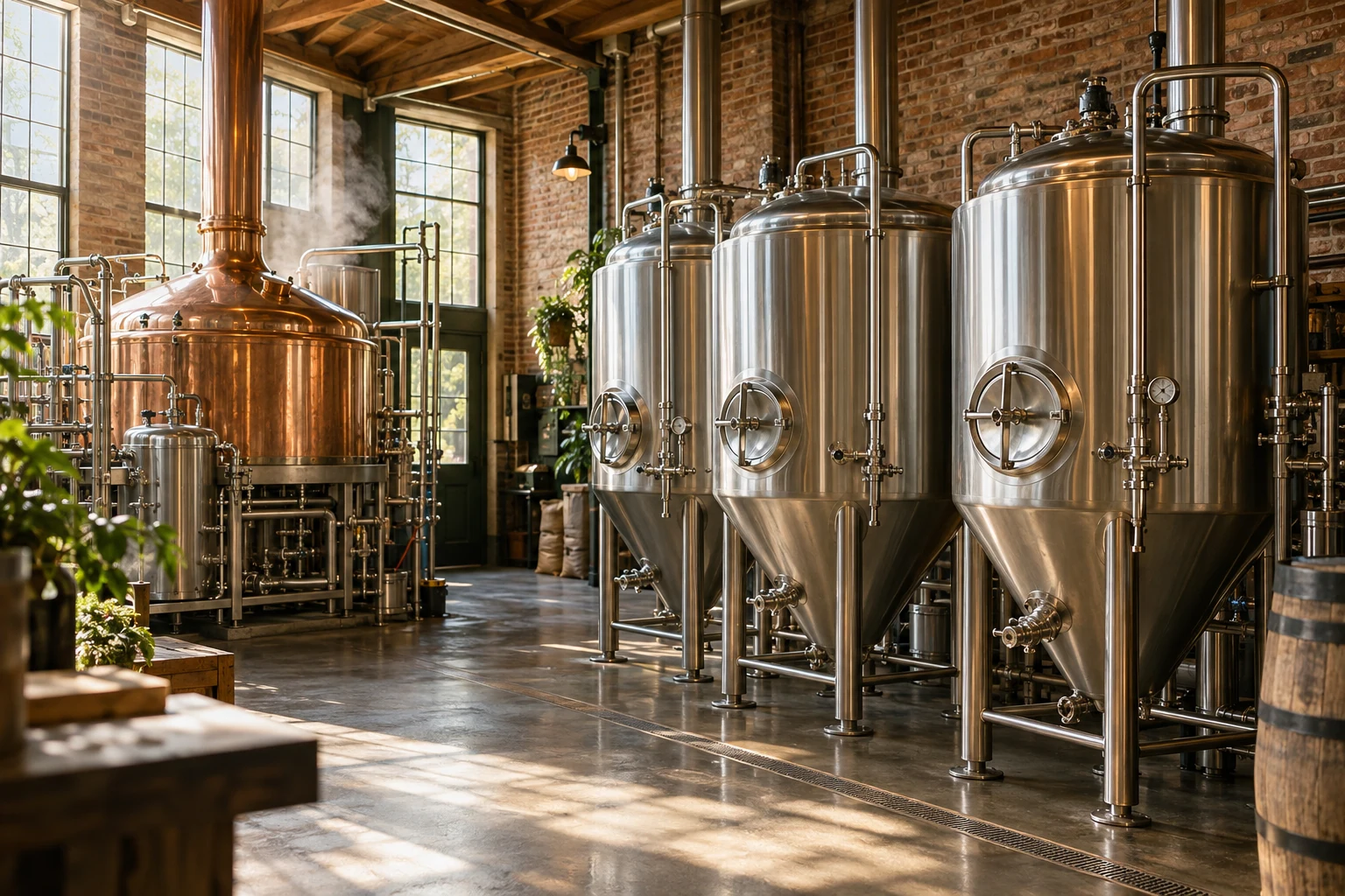 Stainless fermentation tanks and a copper kettle in the illustrative TAPROOT brewhouse