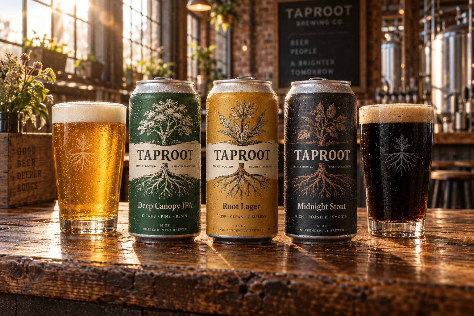 TAPROOT's labeled Deep Canopy IPA, Root Lager and Midnight Stout cans with fresh pours on an oak bar