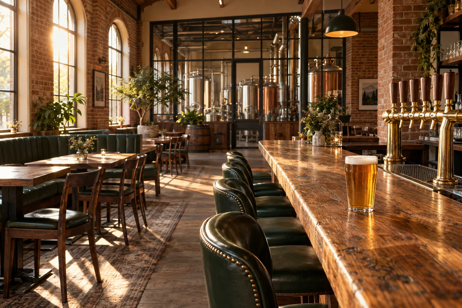 An oak bar, brass beer taps and green booths in the illustrative TAPROOT taproom