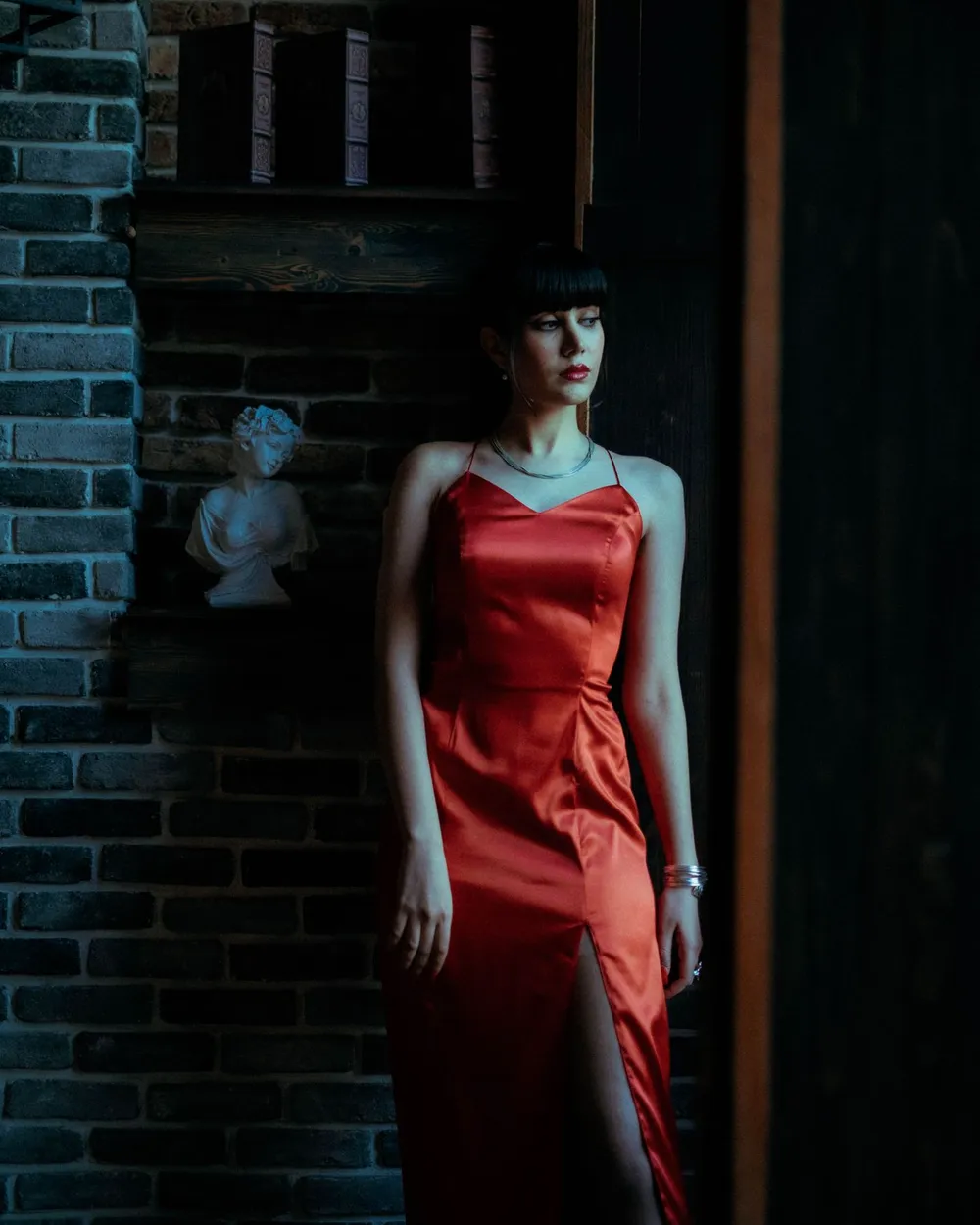 Crimson Bias Gown — Halter neck, backless