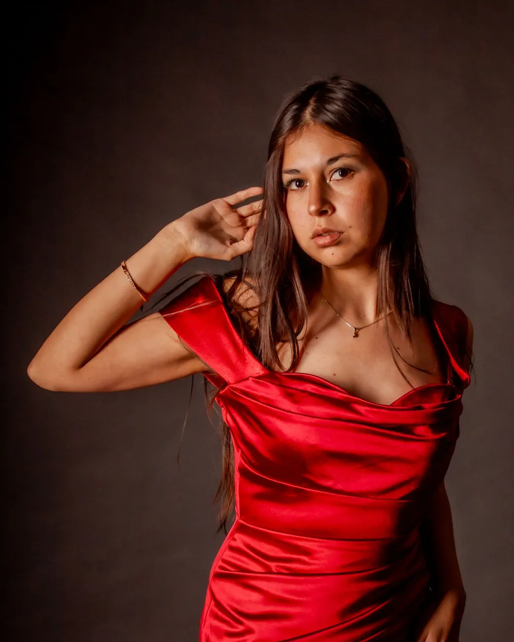 Scarlet Draped Gown — Asymmetric shoulder