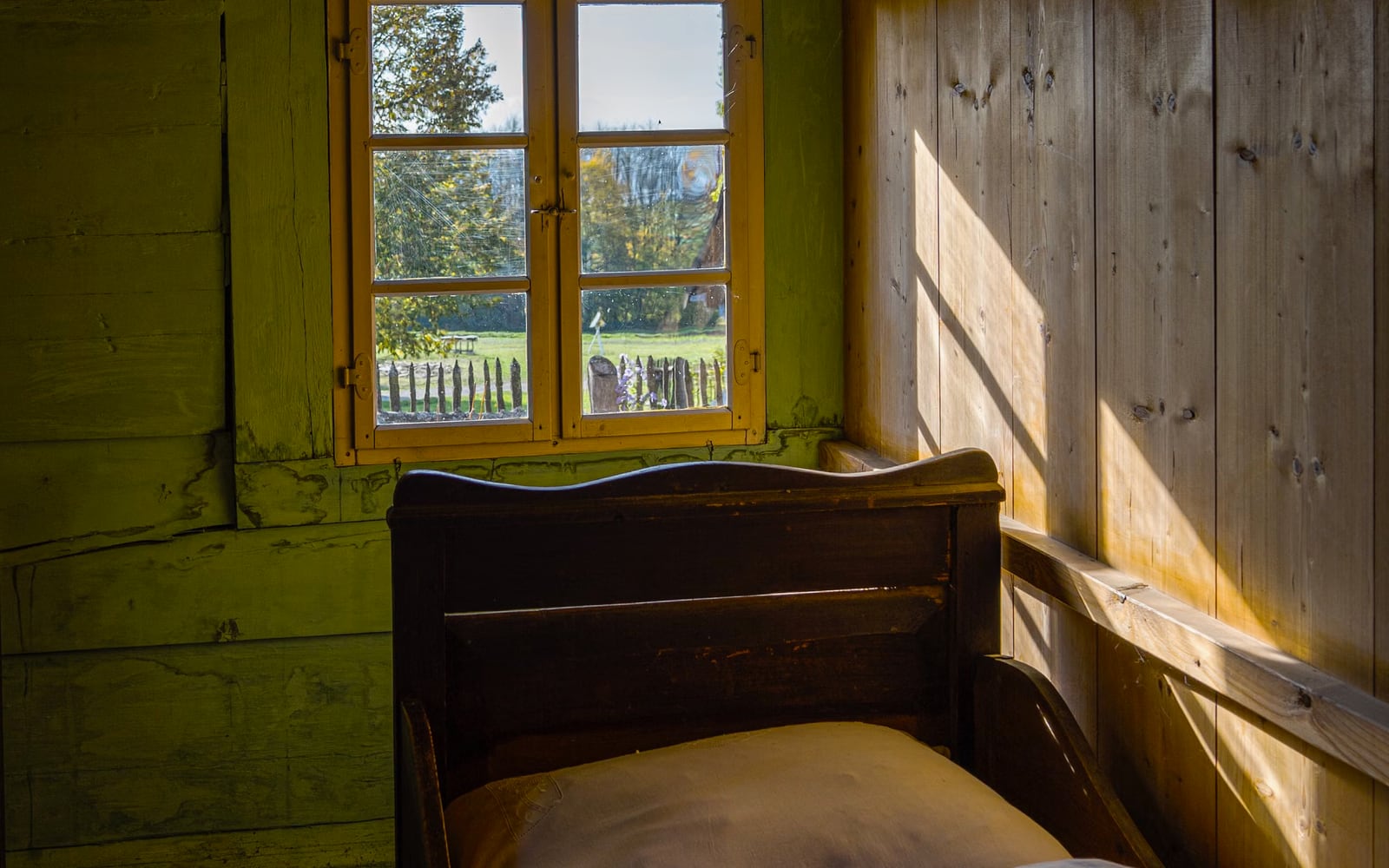 A room-service tray by the window with the range outside