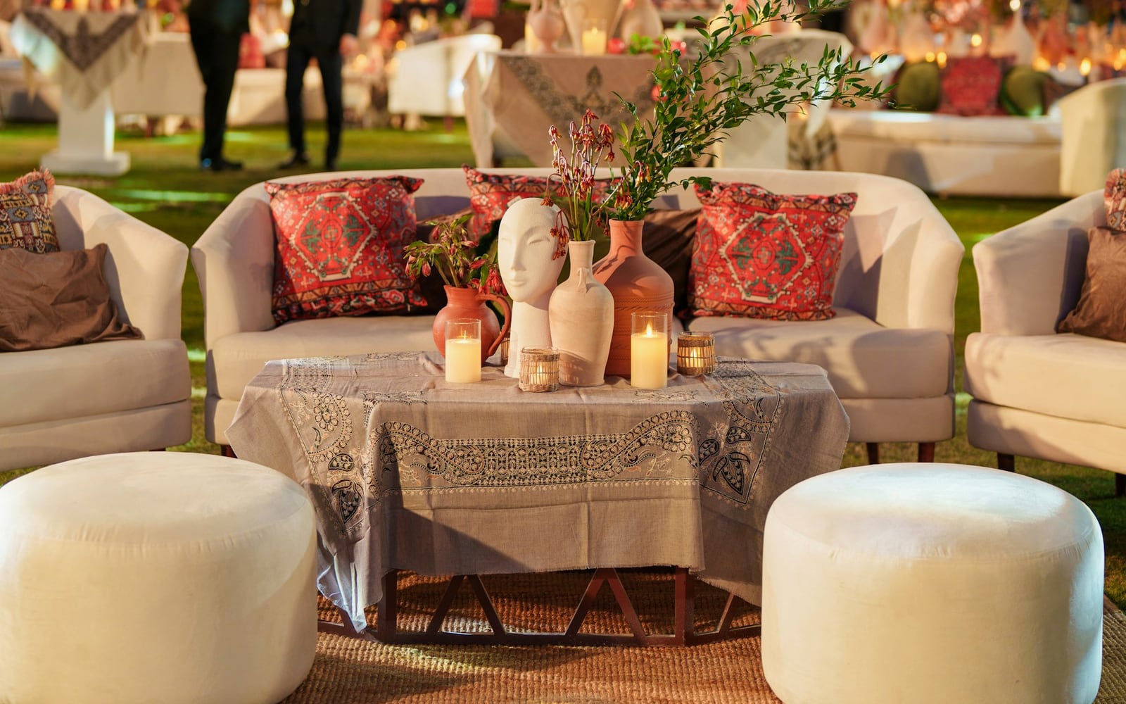 Panorama Hall set for a wedding: long tables, warm light and the range outside the glass