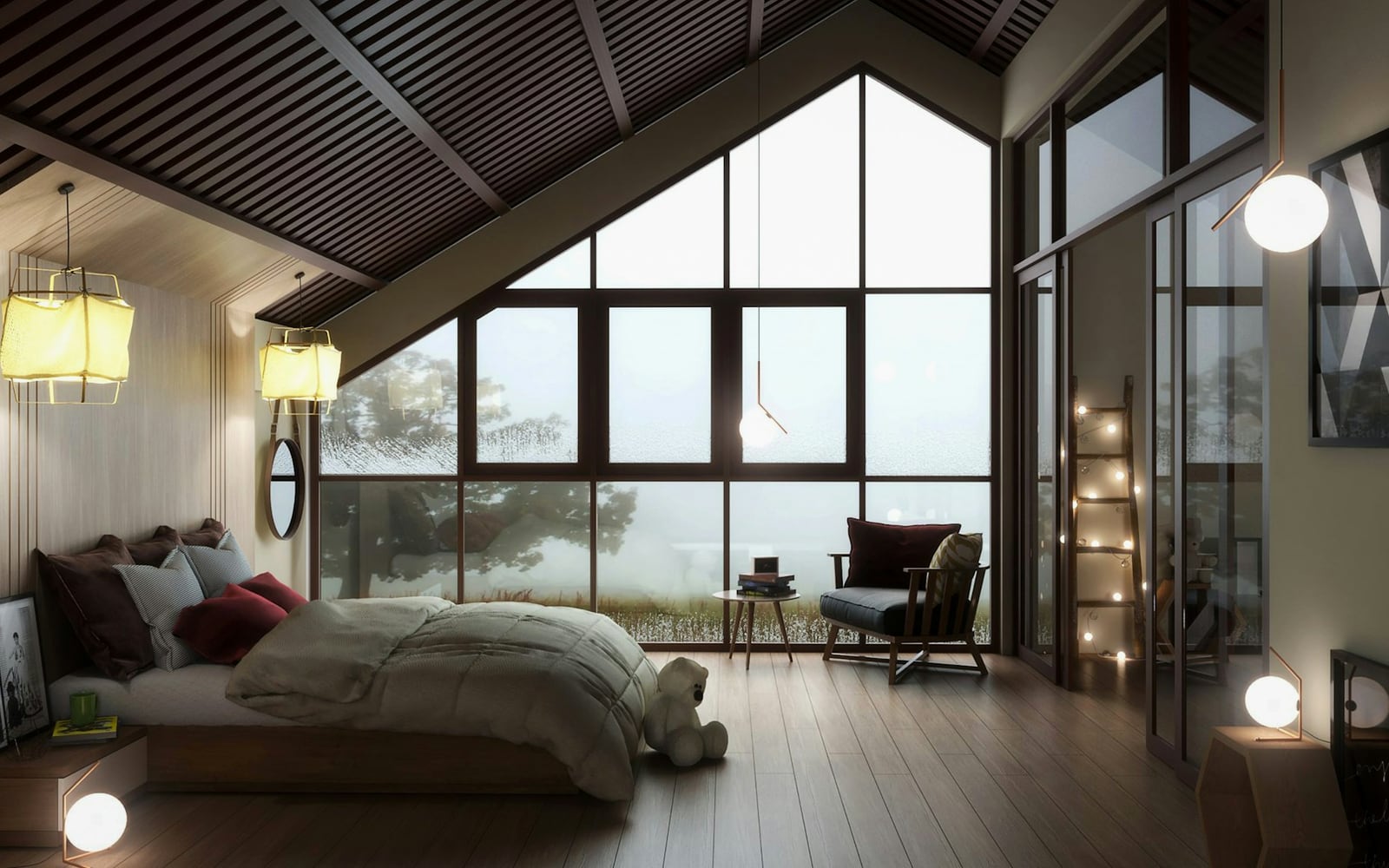 View from the Panorama Suite: corner glass over layered mountain ridges in morning light