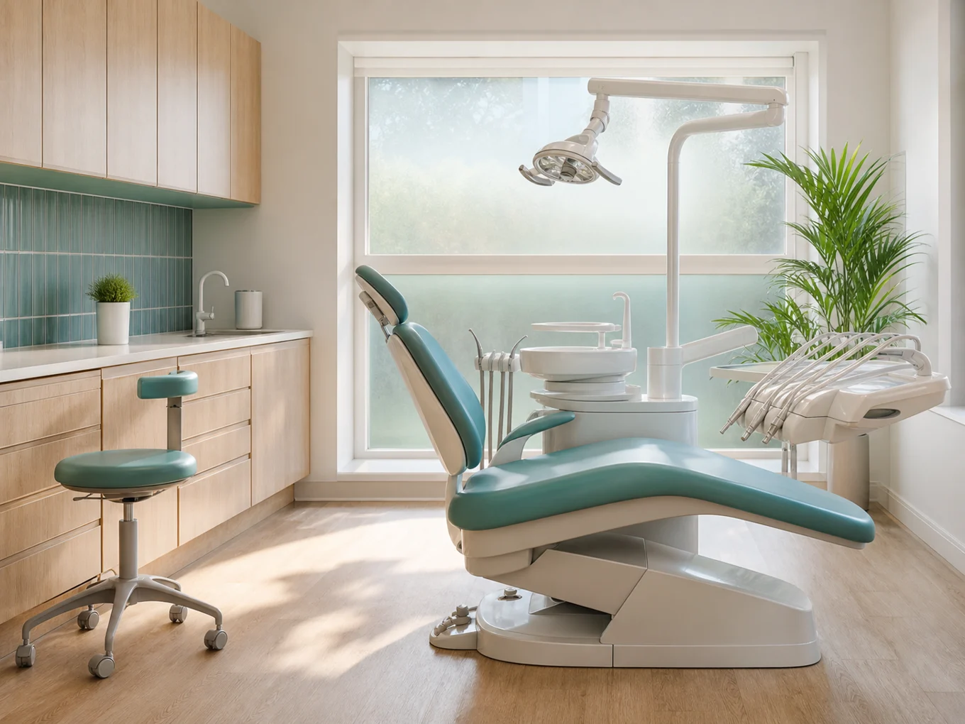Bright, welcoming dental treatment room with natural light and modern equipment